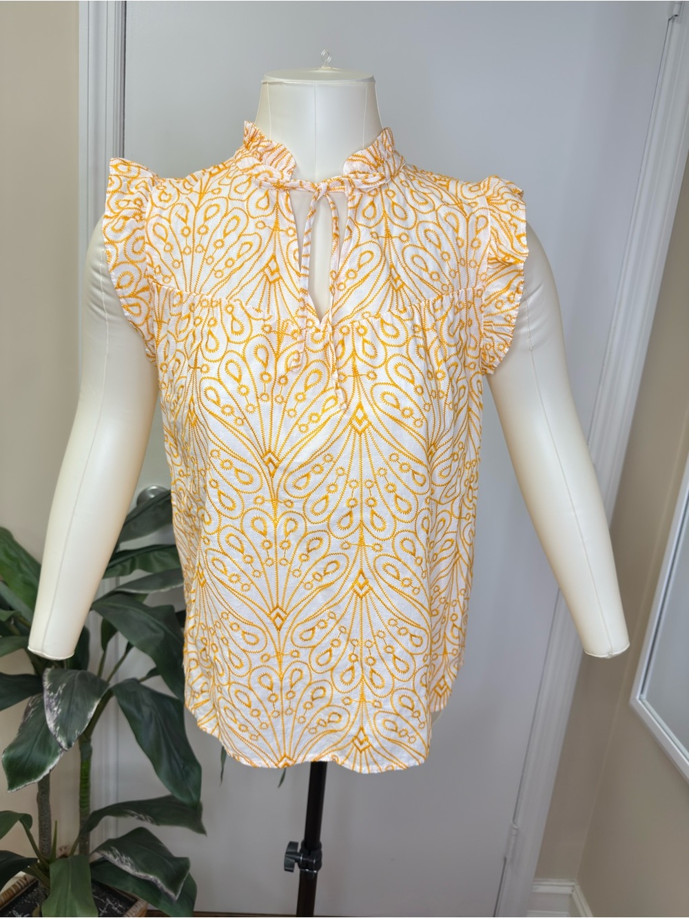 LOFT Petite Eyelet, Ruffle, Tie Neck Blouse, White W/ Light Orange Embroidery, M